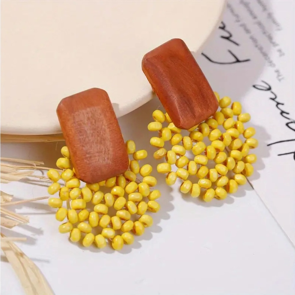 Boho Hand Woven Yellow Geometric Wooden Earrings
